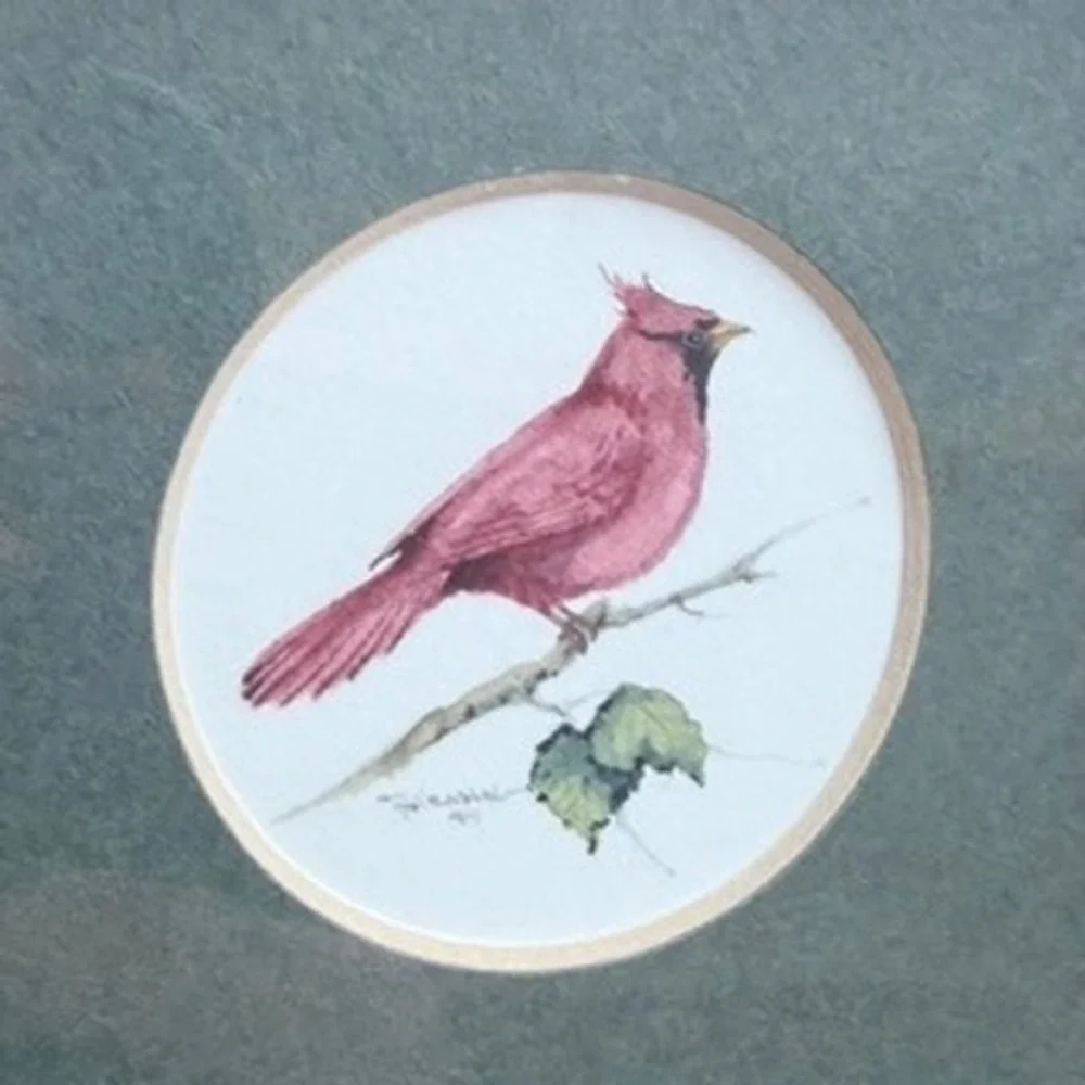Vintage 1999 Framed Cardinal Bird Miniature Art Whitewash Wood Frame 3.75in